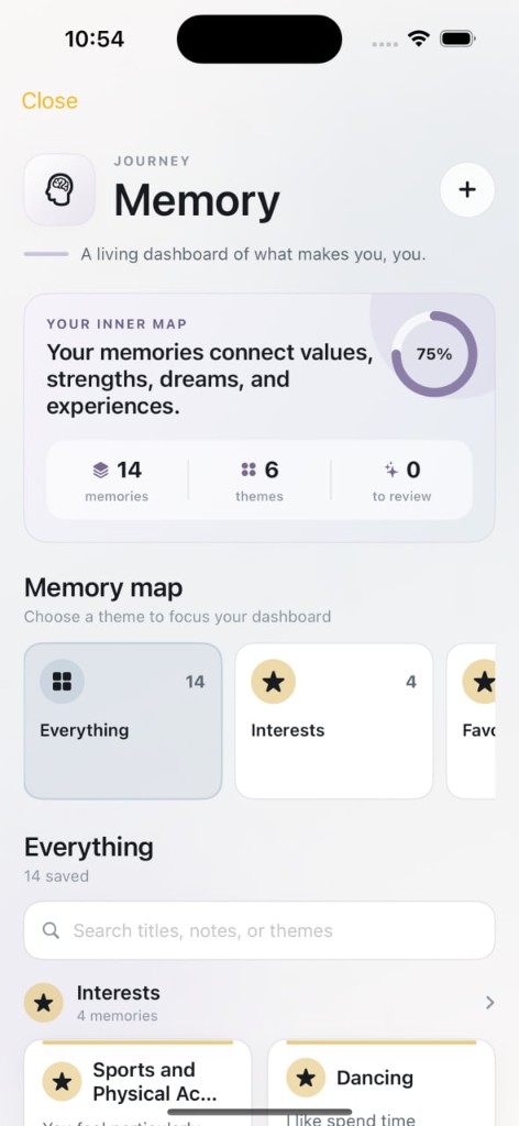 Memoway memory dashboard with themes and searchable entries