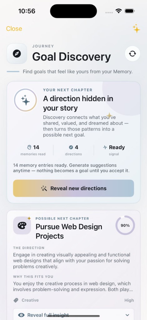 Memoway goal discovery with AI-suggested next chapter