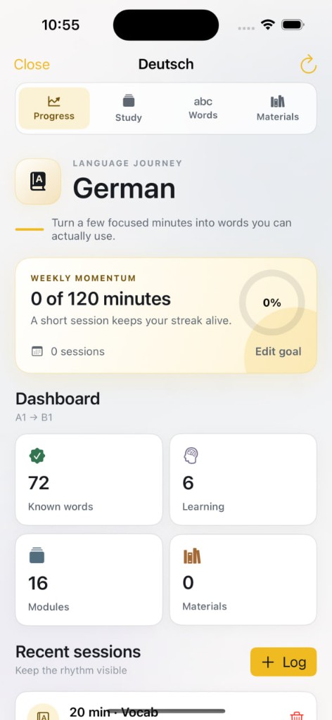Memoway German language journey progress dashboard