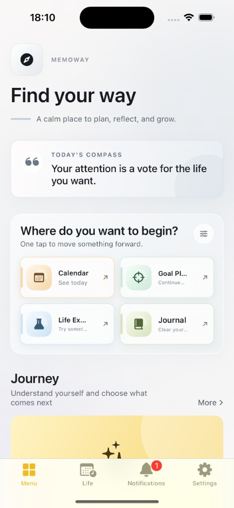 Memoway home screen with journey modules