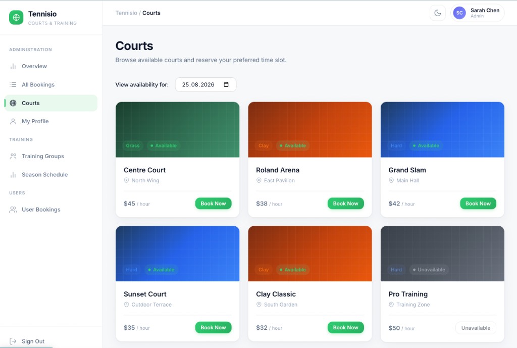 Tennisio season schedule planner with court timeline grid