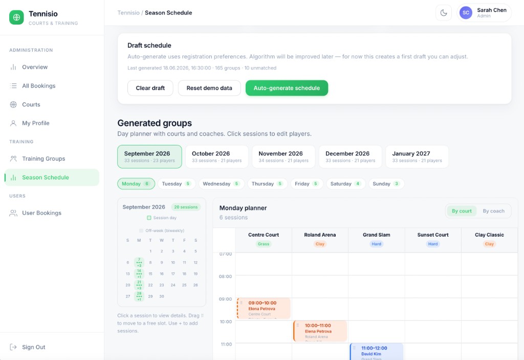 Tennisio season schedule overview with demand insights