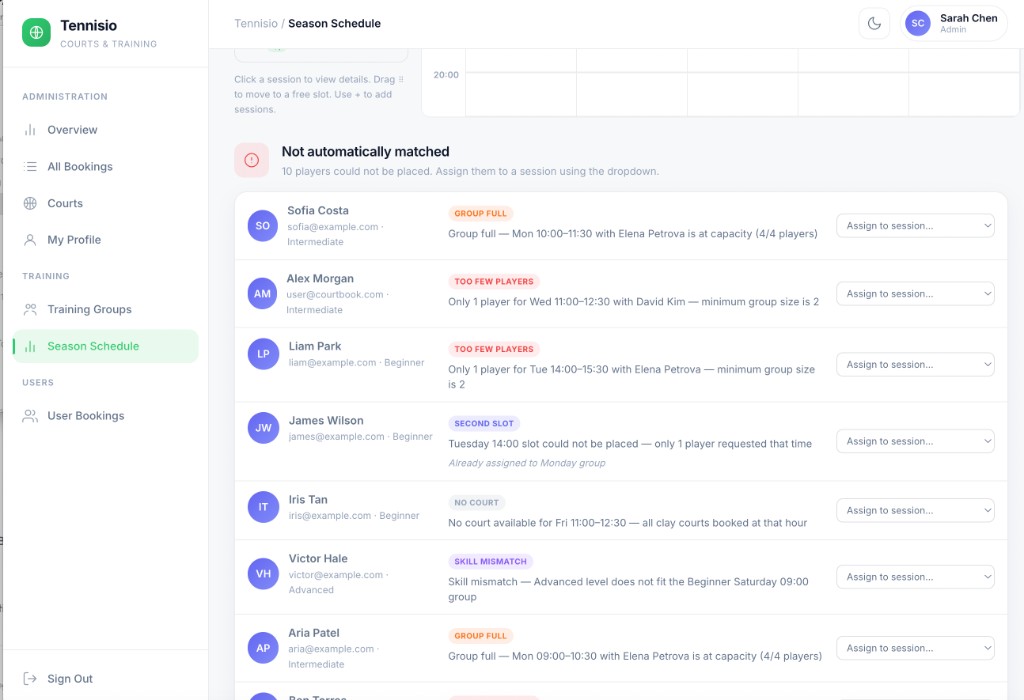 Tennisio unmatched players assignment list for season schedule